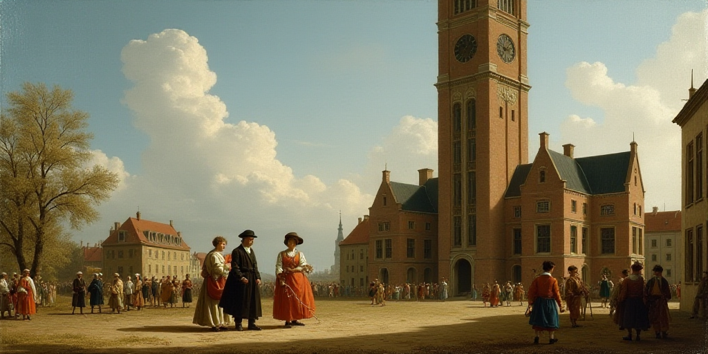 a group of people walking past a tall building with a clock on it's side and a man carrying a bag, B