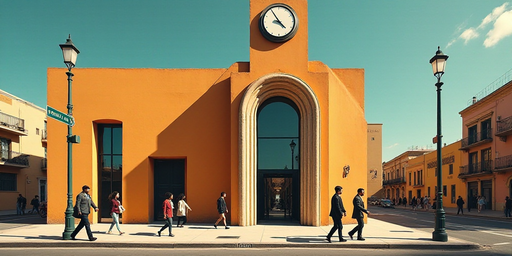 a group of people walking past a tall building with a clock on it's side walk near a street light, D