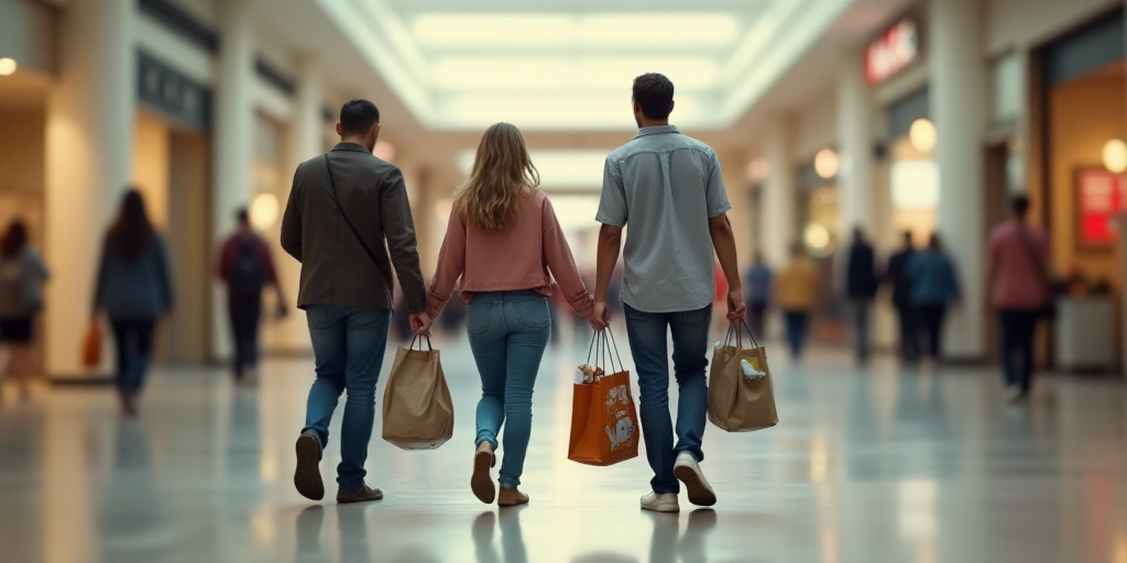 a group of people walking through a mall carrying bags of groceries and shopping bags of food and dr