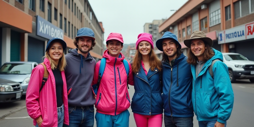 a group of people wearing ugly hats and jackets on a street corner with cars parked in the backgroun