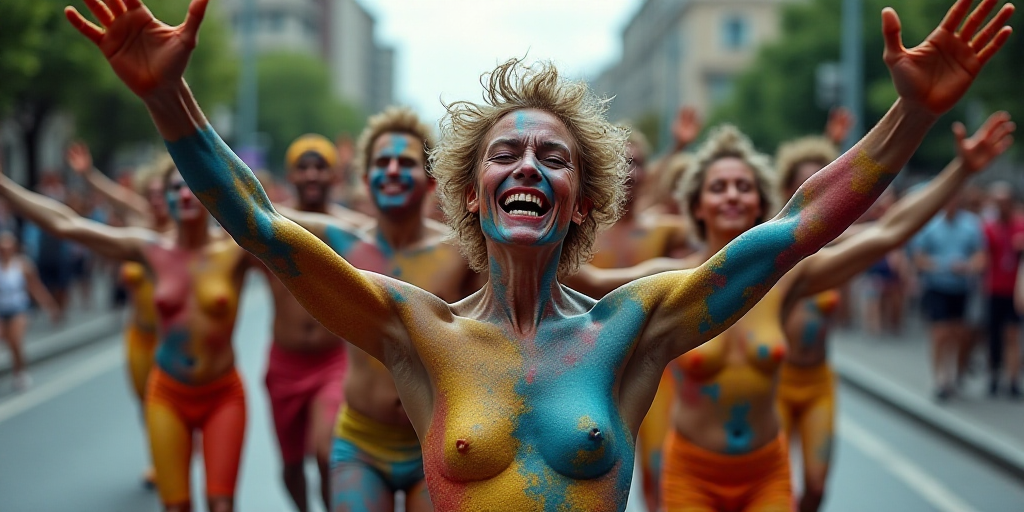 a group of people with painted faces and body paint walking down a street with arms outstretched in