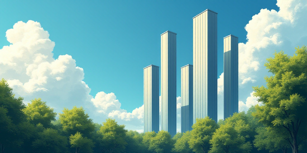 a group of tall buildings with a sky background and trees in the foreground, with a blue sky and clo