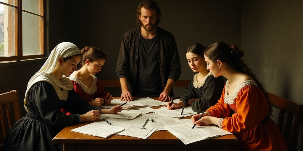 a group of women sitting around a table with papers and pens on it, and a man standing behind them,