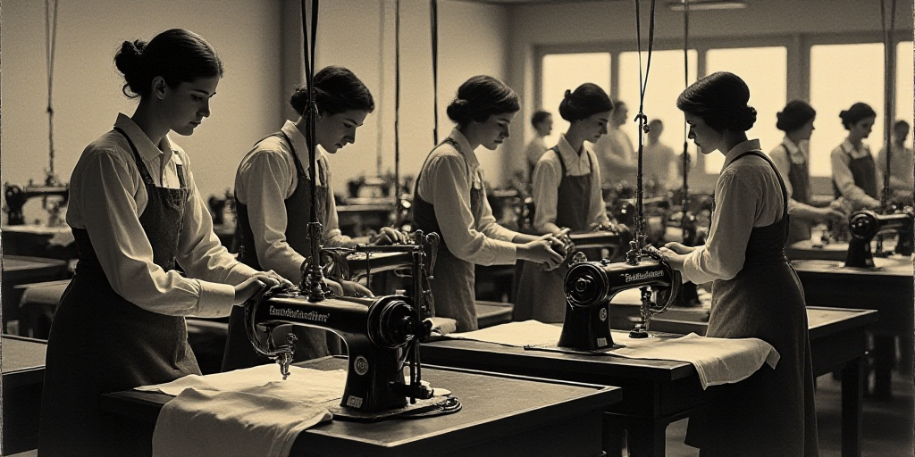 a group of women working on a machine in a factory with other workers in the background looking on t