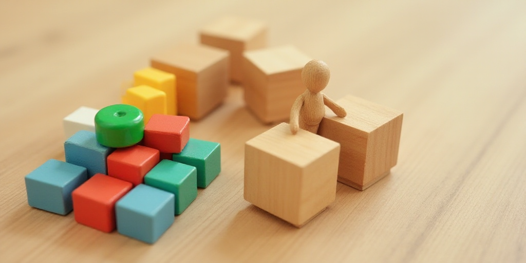a group of wooden blocks with a person and a circle of colored blocks on top of them with a green bu