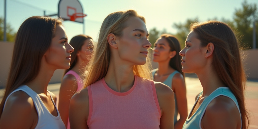 a group of young women standing around each other in a basketball court with a basketball hoop in th