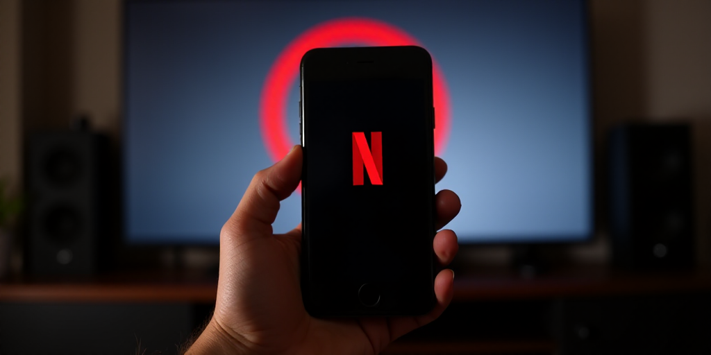 a hand holding a cell phone with a netflix logo on it in front of a television screen with a no sign