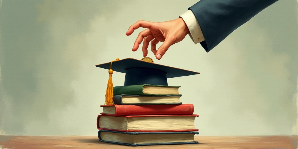 a hand reaching for a coin on top of a stack of books with a graduation cap on top of it, Diego Gisb