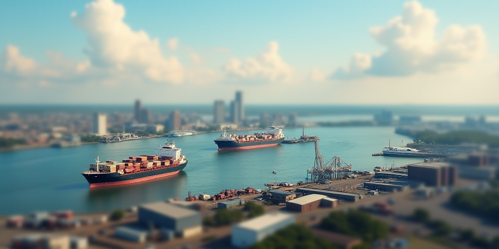 a harbor with several large ships in it and a city in the background with a large industrial area in