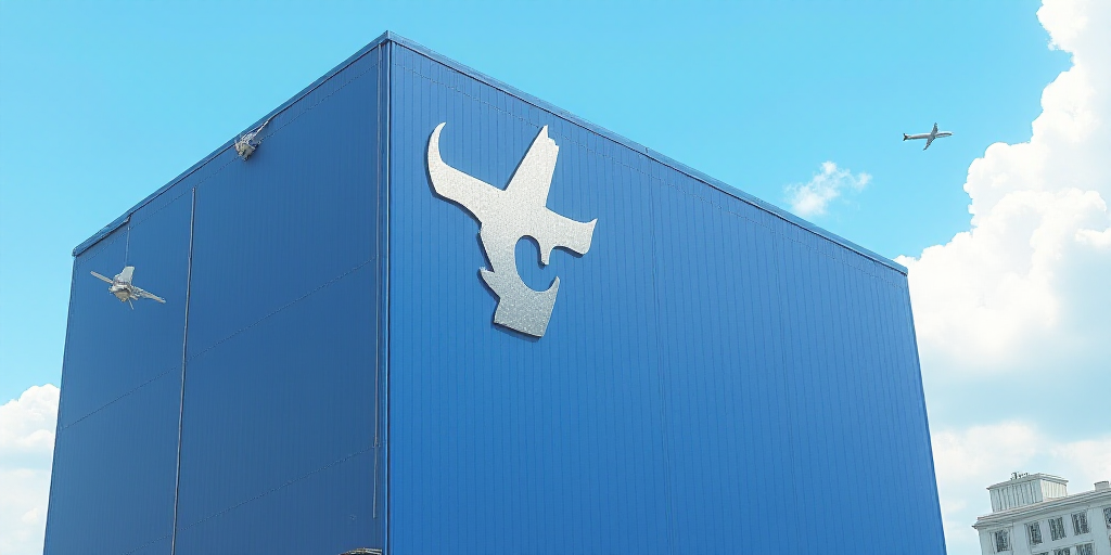 a large blue building with a logo on it's side and a plane flying by it's side, Celia Fiennes, unrea