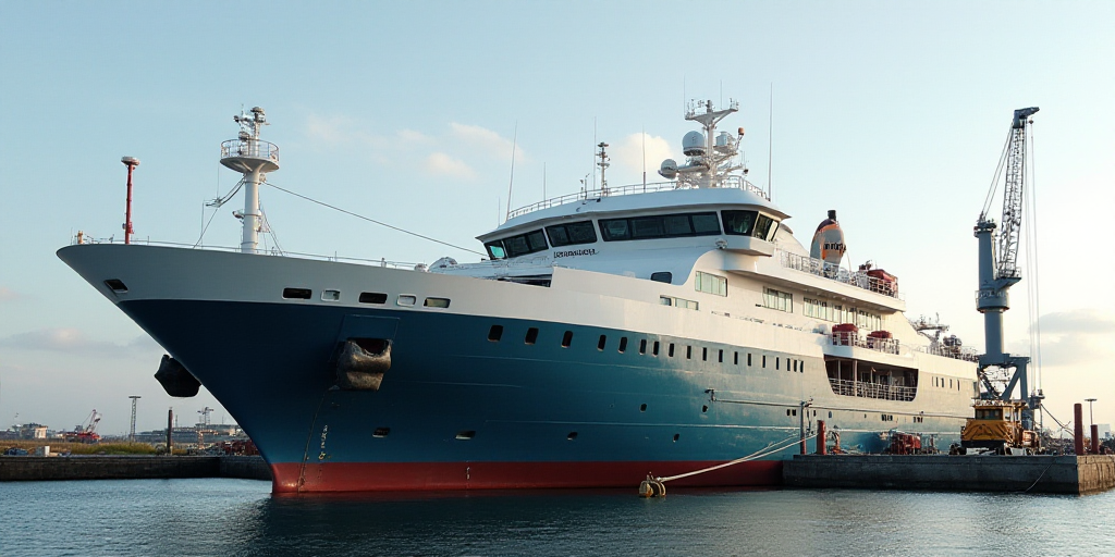 a large boat is docked at a dock with a crane on top of it and a crane on the side of the boat, Andr