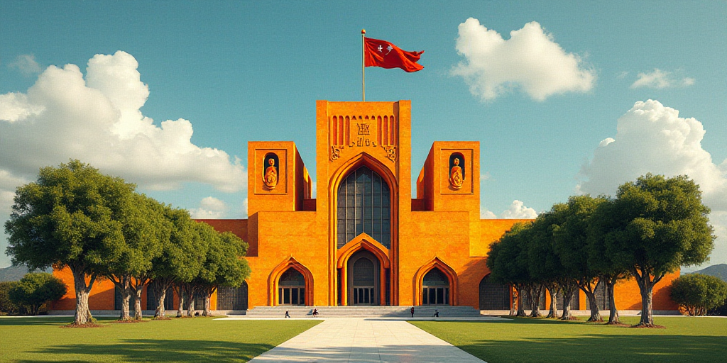 a large building with a flag on top of it's roof and trees in front of it and a sky background, Davi