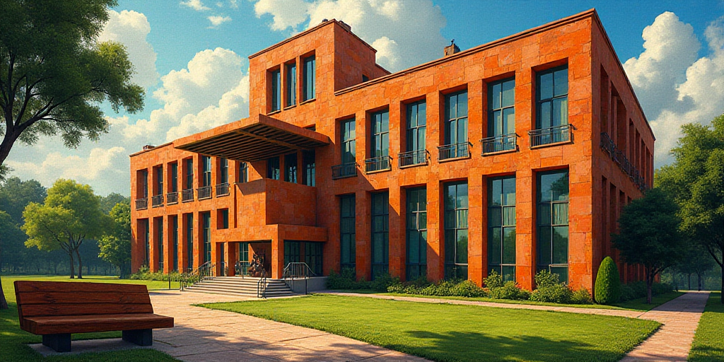 a large building with a lot of windows and a bench in front of it in a park area with trees, Diego R