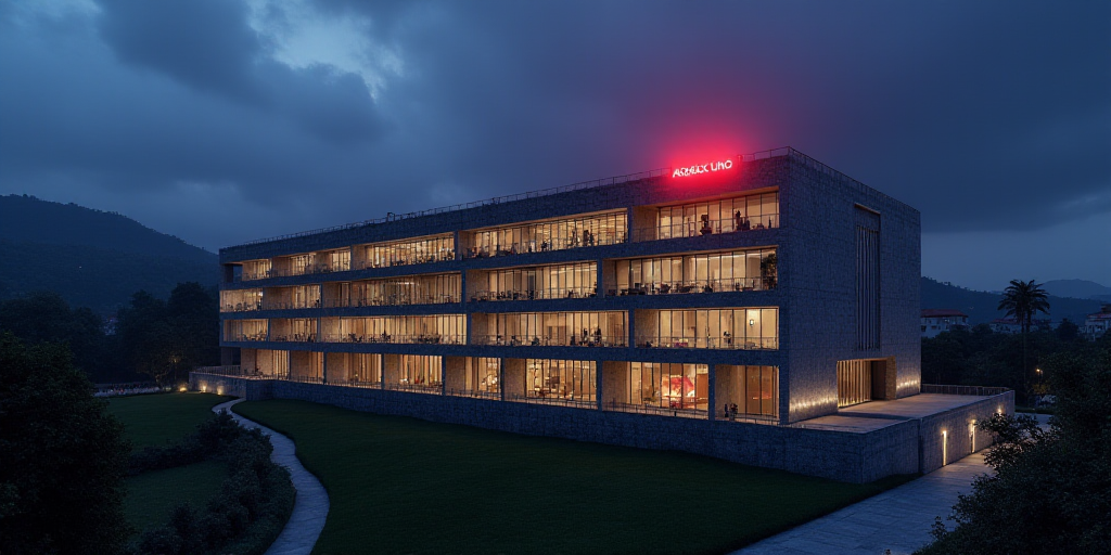 a large building with a lot of windows and a sky background at night time with a red light on the to