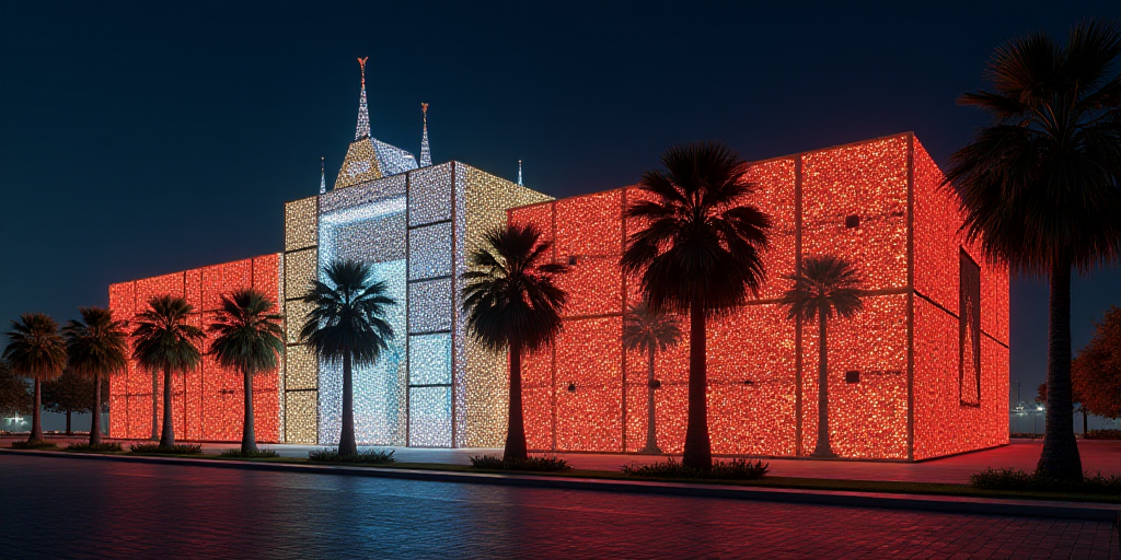 a large building with a lot of lights on it's side and palm trees in front of it, David Alfaro Sique