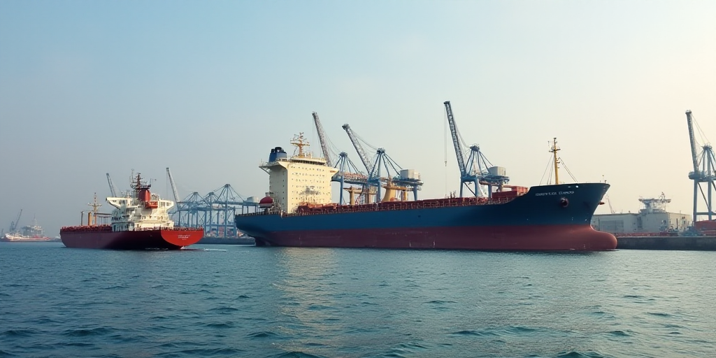 a large cargo ship docked at a port with a crane in the background and a cargo ship in the foregroun