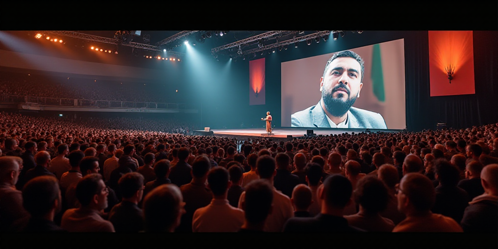 a large crowd of people are watching a speaker on a stage with a large screen behind them and a larg