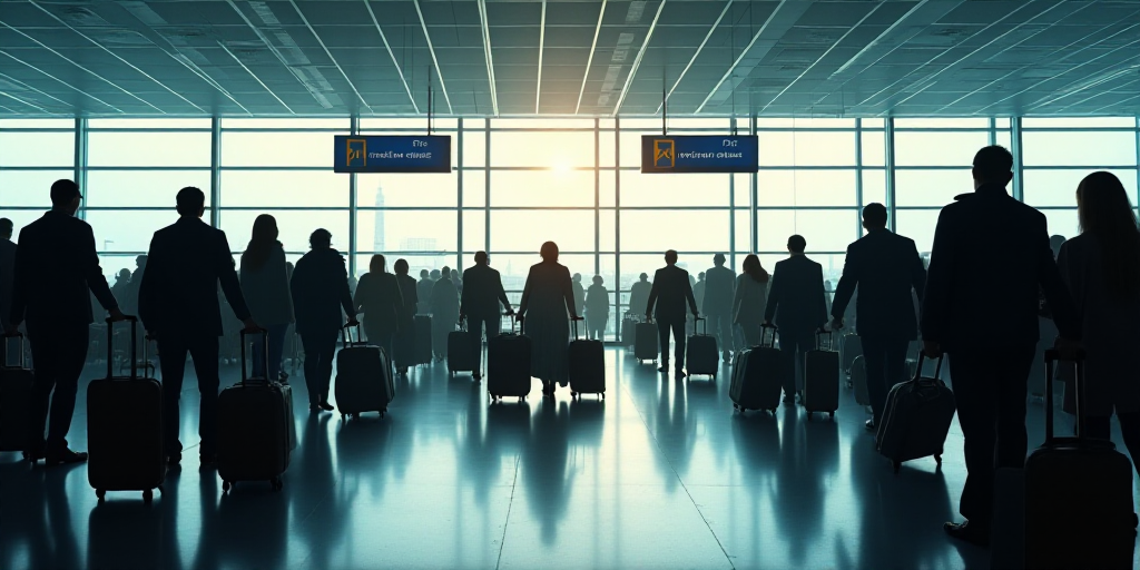a large group of people with luggage at an airport terminal with signs and signs above them that say
