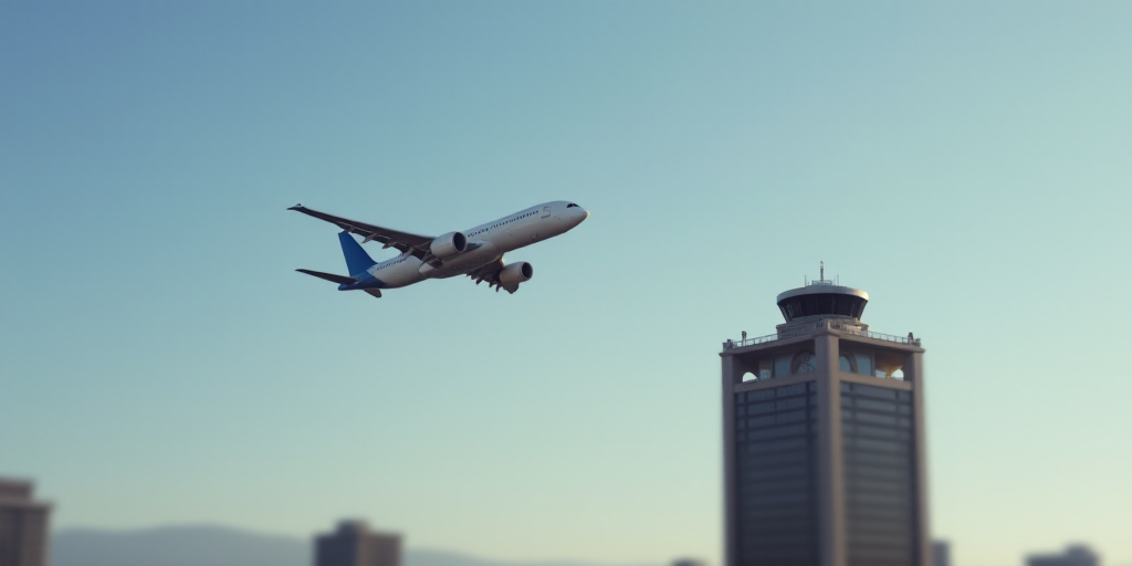 a large jetliner flying over a tall building with a control tower on top of it's side, Elbridge Ayer