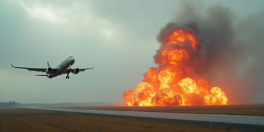 a large jetliner flying through a cloudy sky next to a large plume of smoke and flames on top of a r