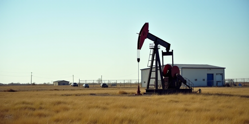 a large oil pump sitting in a field next to a building and a fenced in area with a few cars, Andries