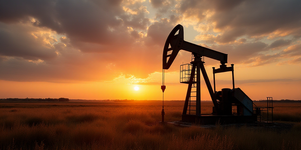a large oil pump sitting on top of a field under a cloudy sky at sunset with the sun setting, Andrie