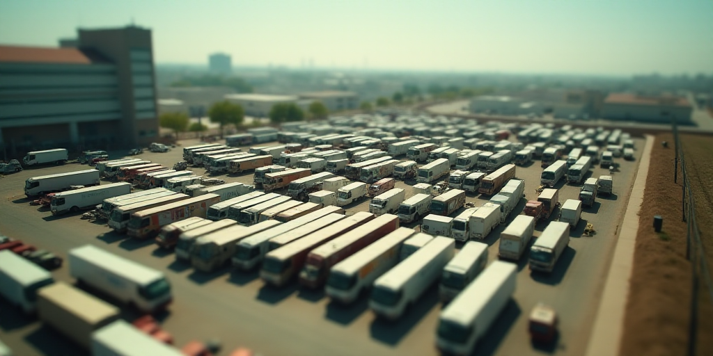 a large parking lot filled with lots of buses and trucks parked in it's lanes next to a building, Fe
