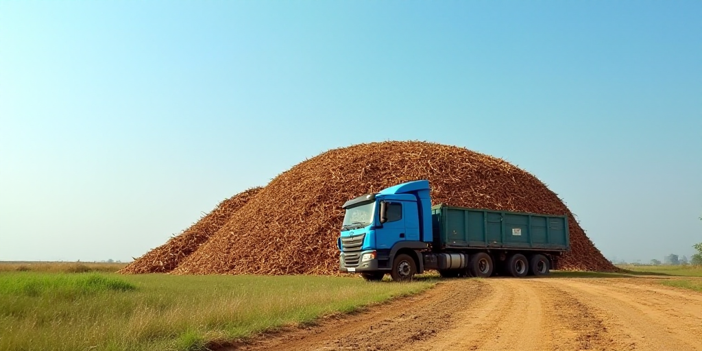 a large pile of wood sitting next to a blue truck on a field of grass and dirt with a blue sky in th