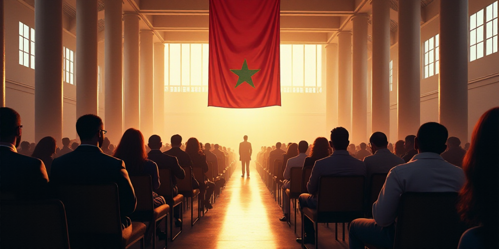 a large room filled with people sitting in chairs and a flag hanging from the ceiling of a building