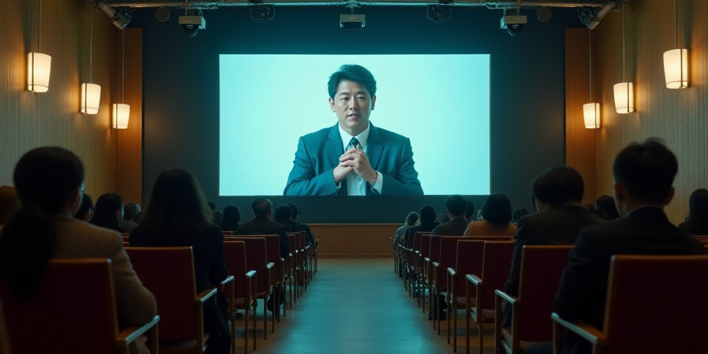 a large room with a lot of chairs and a big screen on the wall above it that is displaying a man on