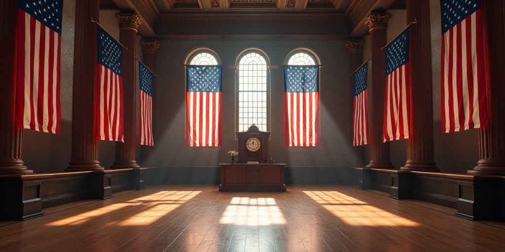 a large room with american flags hanging from the ceiling and a clock on the wall in the center of t