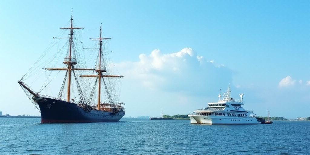 a large ship and a smaller boat in the water near each other in the ocean with a blue sky, Elizabeth