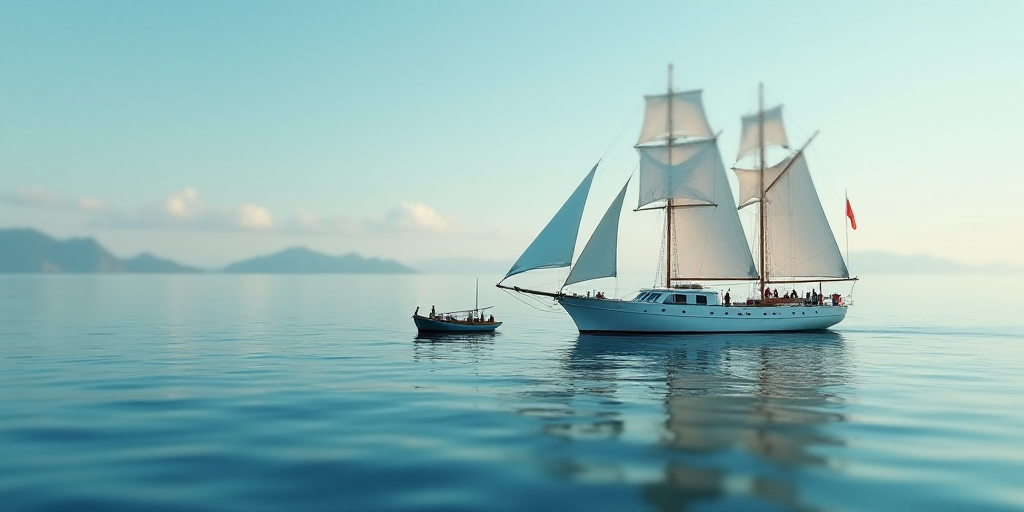 a large white boat floating next to a smaller boat in the ocean with flags on it's sails, Adriaen Is