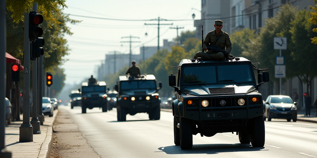 a line of military vehicles driving down a street next to a traffic light and a car with a soldier o