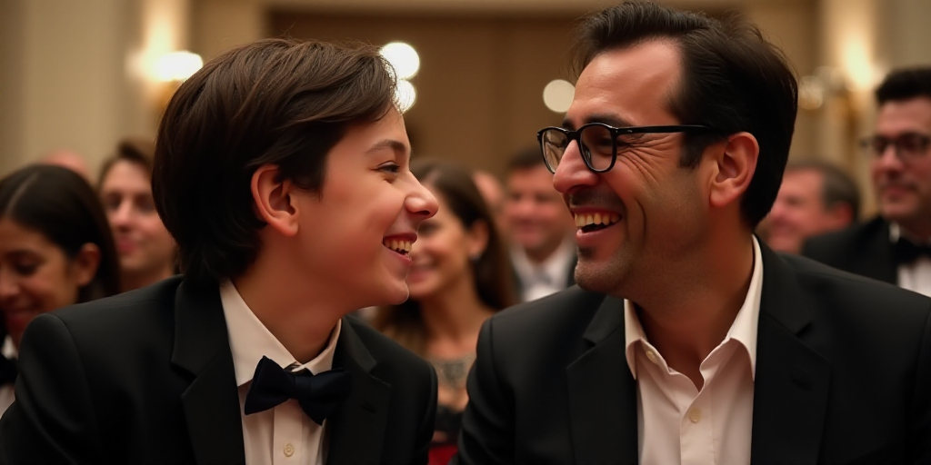 a man and a boy are laughing together at a event together, one of them is wearing glasses and the ot