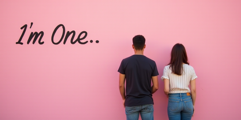 a man and a woman standing in front of a pink wall with a sign that says i'm one, Carles Delclaux Is