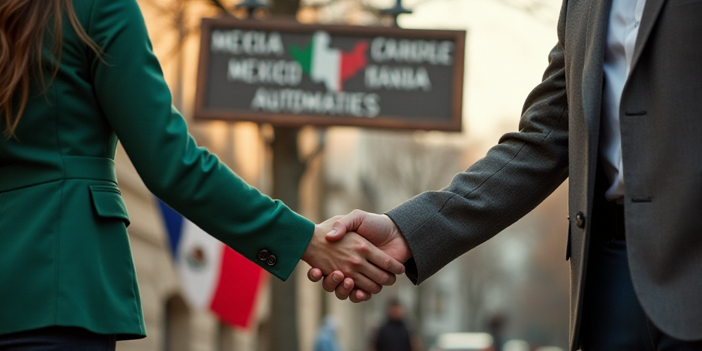 a man and woman shaking hands in front of a sign that reads mexico - francia and a flag, Celia Fienn