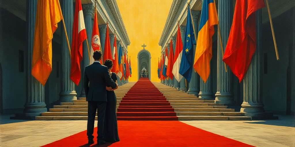 a man and woman standing in front of flags in a building with a red carpet and stairs leading to the