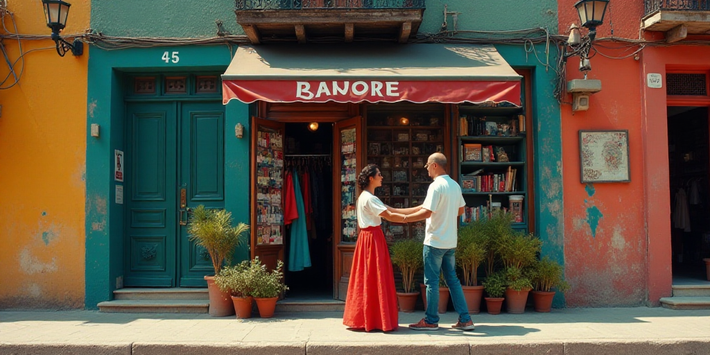 a man and woman standing in front of a banner for a bandore store with a man holding a woman, Ángel