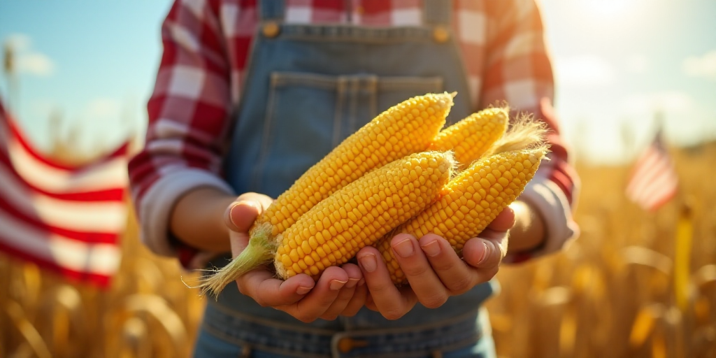 a man holding a bunch of corn in his hands with an american flag in the background on a sunny day, A