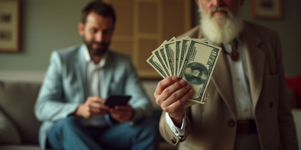 a man holding a bunch of money in his hand while another man looks on in the background with a calcu