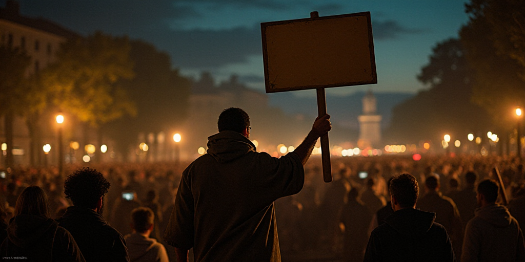 a man holding a sign in front of a crowd of people at night time with a crowd of people behind him,