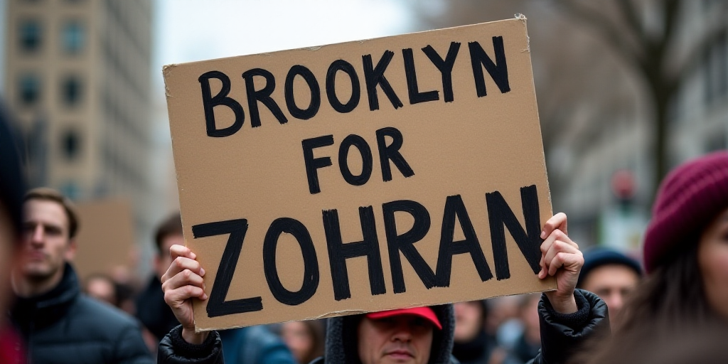 a man holding a sign that says brooklyn for zohran new york city with a group of people behind him,