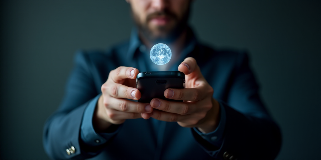 a man holding a smart phone in his hands with a glowing icon on the screen in the background of the