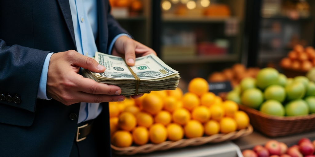 a man holding a stack of money in his hands next to a fruit stand with fruit on display in baskets,