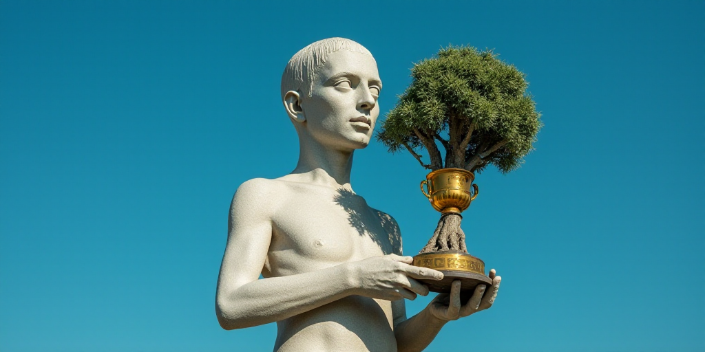 a man holding a trophy in his hand with a tree on it's side and a blue background, Armin Hansen, awa
