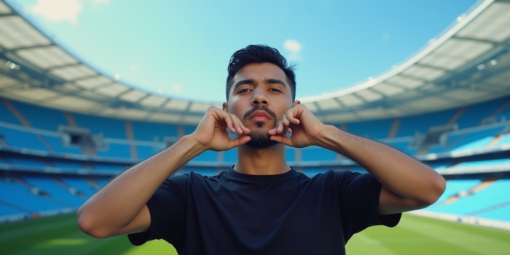 a man in a black shirt is holding his hands up to his mouth and a blue stadium in the background, Ag