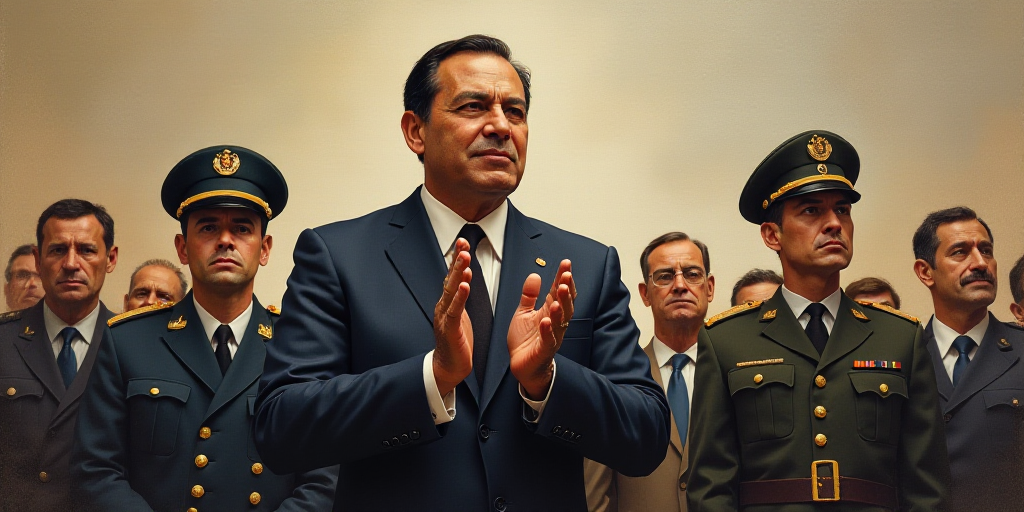 a man in a suit and tie clapping while others watch from behind him and a soldier in uniform stands