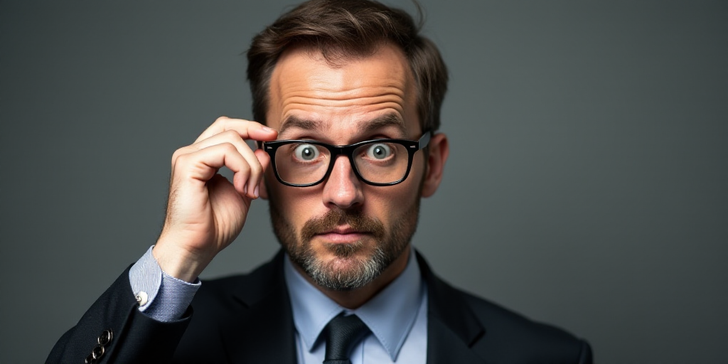 a man in a suit and tie holding his glasses up to his eye with a surprised look on his face, Christo