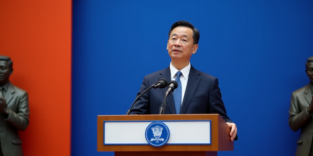 a man in a suit and tie making a speech at a podium with a blue backdrop behind him and a white and